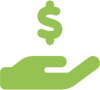 A green hand with a dollar sign in the middle of it.