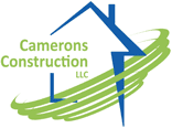 A blue and green logo for cameron 's construction llc